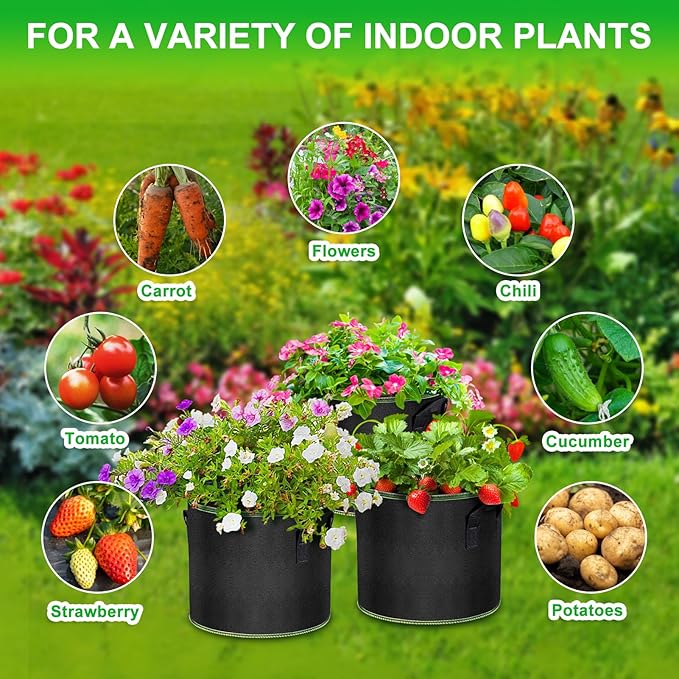 MEKOLIFE 5 Gallon Grow Bags 12 Pack - Thickened Nonwoven Aeration Planter Bags with Handles, Plant Tags & Seedling Bags, Heavy Duty Black Fabric Pots for Vegetable Gardening Garden Outdoor