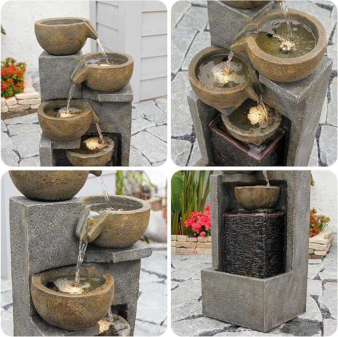 YZM 37.4" H 5-Tier Cascading Bowl Outdoor Water Fountain with LED Lights Freestanding Water Feature for Garden, Patio, Deck and Yard Decor