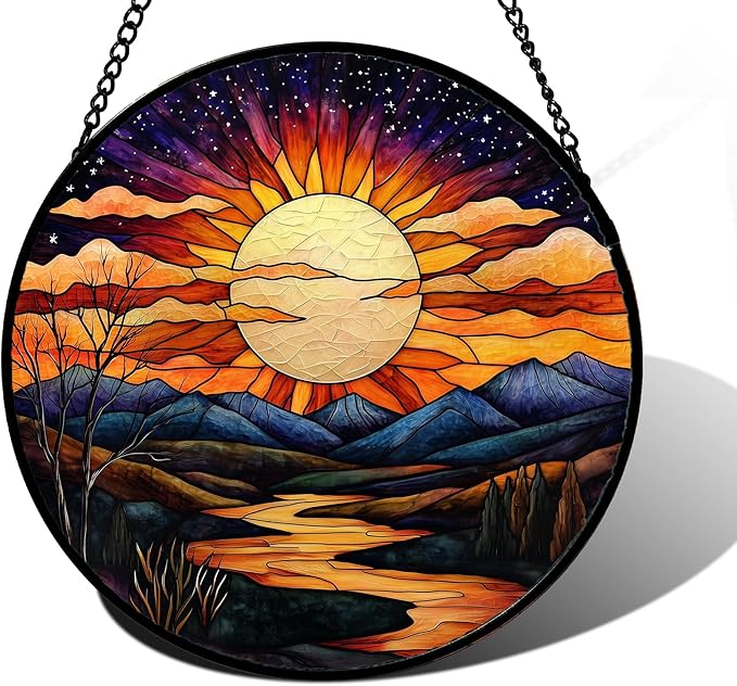 DASTOLL Stained Glass Window Hanging, The Sun Shines Brightly on Lake Sun Catchers Colorful Glass Panel Suncatcher Decor for Birthday for Women, Men, Wife, Lovers, and Mom 7.8 in