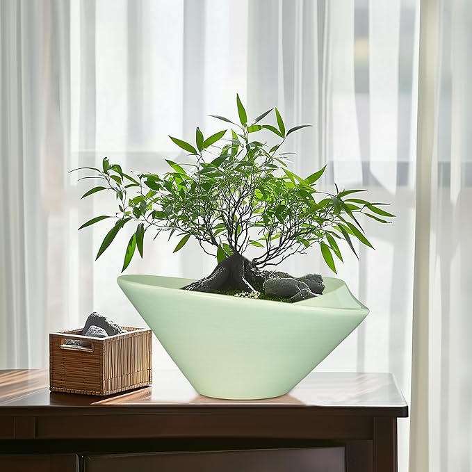 Teagas Ceramic Bonsai Pots - Large Succulent Planter 13 Inch Plant Pot Indoor Succulent Pot with Drainage Hole Outdoor Planter Bonsai Tree Pot for House Home Garden Office Decor Green