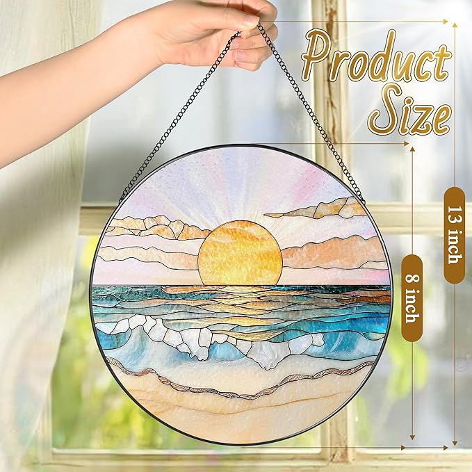 LAOWEIKI 8'' Ocean Sunset Suncatcher Ornament, Stained Glass Window Hanging, Suncatchers for Windows Hanging Ornaments, Window Decor | Beach Lover Gift, Summer Vibes Gift, Gifts for Friends, Famliy