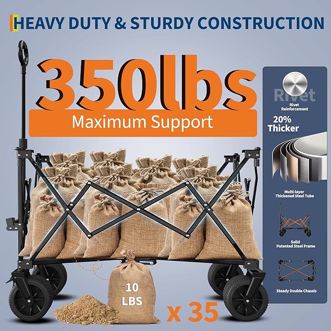 GarveeLife Heavy Duty Utility Beach Wagon Cart, Collapsible Wagon Beach with All Terrain Wheels, Extra Long WagonCart Foldable with Cup Holders for Sand