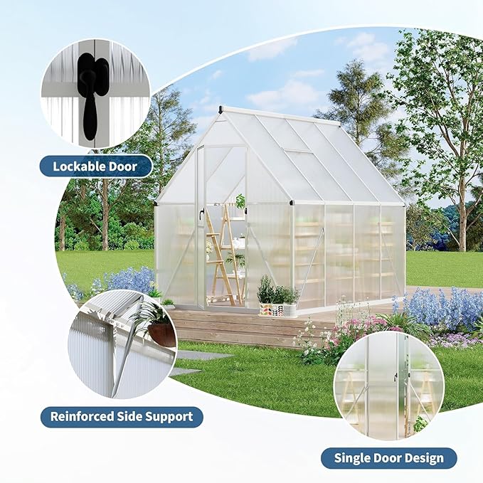 8x10 Ft Sturdy Greenhouse with Roof Vent, Polycarbonate Greenhouse with Lockable Door, Aluminum Large Walk-in Green House for Outside Garden Backyard, Patio, Lawn, and Garden