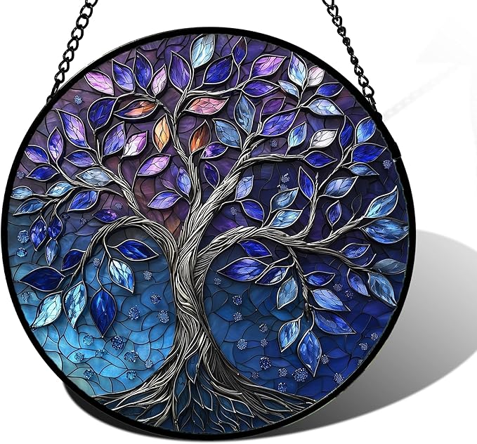 DASTOLL Stained Glass Window Hanging, Blue Purple Tree of Life Sun Catchers Colorful Glass Panel Plants Suncatcher Decor for Birthday for Women,Men,Wife, Lovers, and Mom 9.8 in