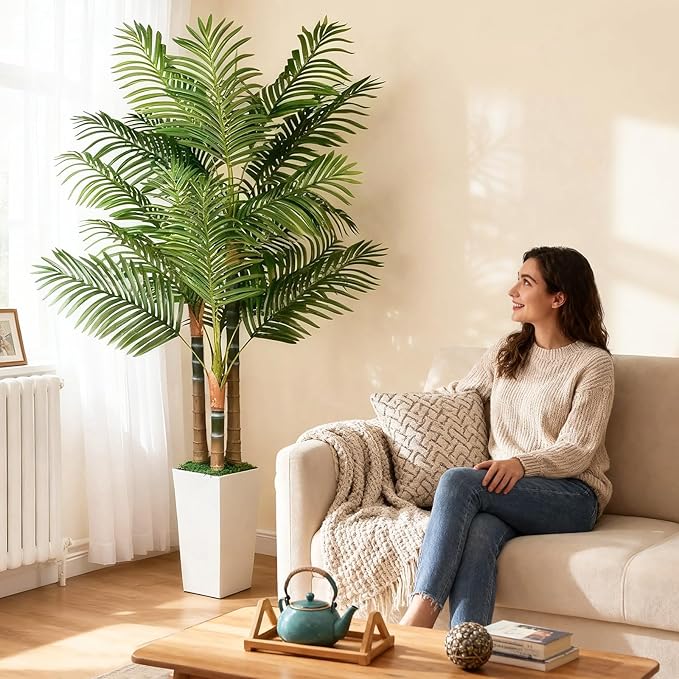 6ft Artificial Palm Tree Indoor Plant with White Tall Planter, Faux Silk Tropical Areca Floor Plant in Pot, Artificial Plants with Lifelike Leaves for Home Office Decor