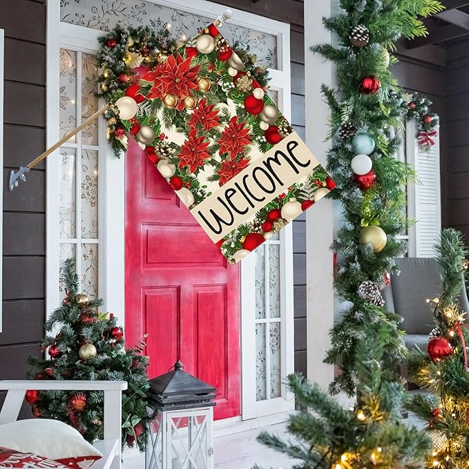 Welcome Christmas Bells Poinsettias Pine Trees Xmas Winter House Flag Large 28X40 Inch Big Vertical Double Sided Yard Outdoor Outside Holiday Decoration