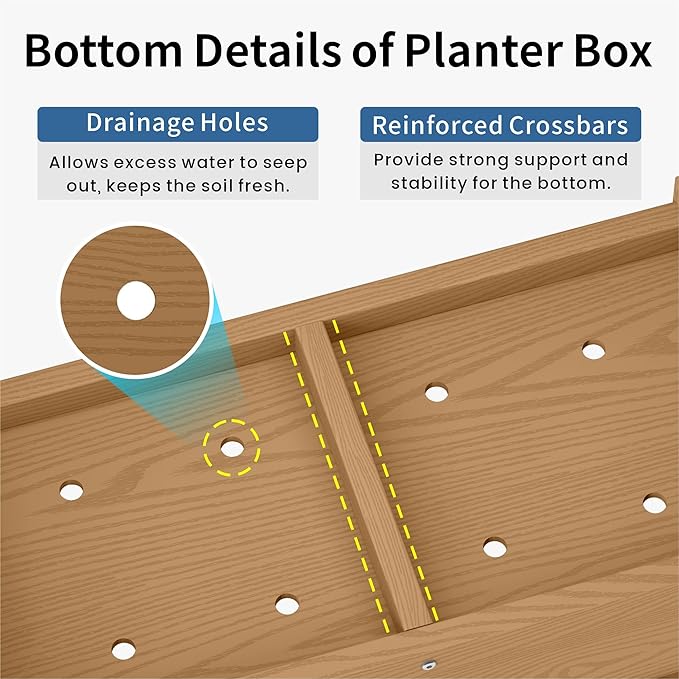 HDPE Planter Box, All-Weather Outdoor Garden Bed Easy to Assemble, Drainage System, Low Maintenance, Non-Fading, for Flower/Herb/Seed (Teak)