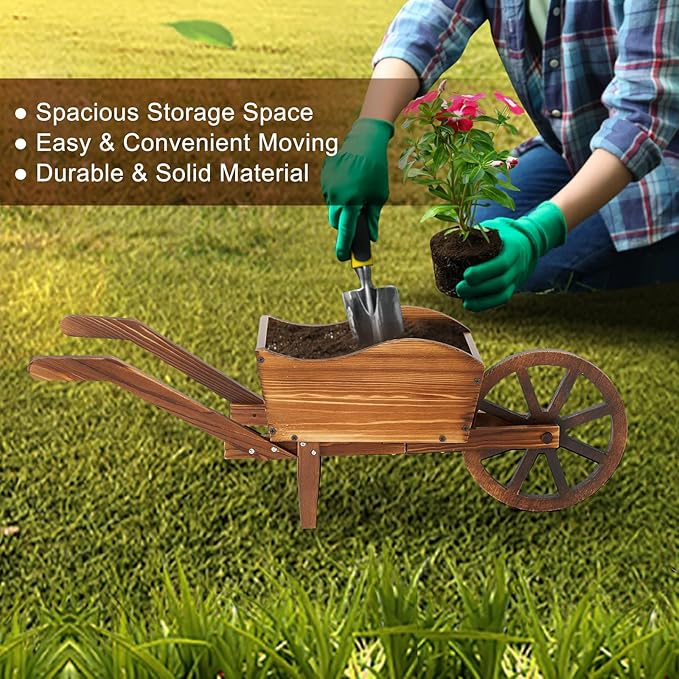 Wooden Wagon Flower Planter Cart Garden Planter Box with Wagon Wheels Cart for Home Garden Outdoor Balcony Decorative, Patio Flowers Herbs Vegetables, Brown(Rustic)