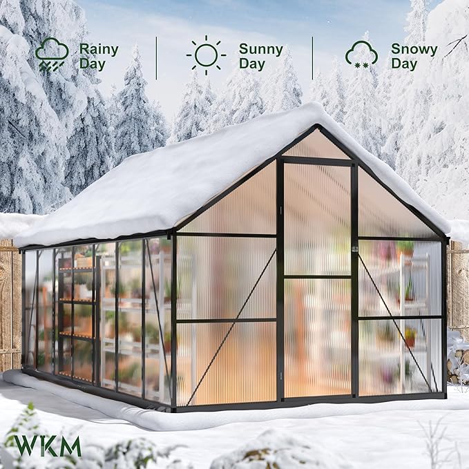 WKM Greenhouse for Outdoors 8x14 FT, Walk-in Polycarbonate Greenhouse with Roof Vent and Quick Setup Structure, Heavy Duty Aluminum Green House for Outsides Backyard Garden, Black