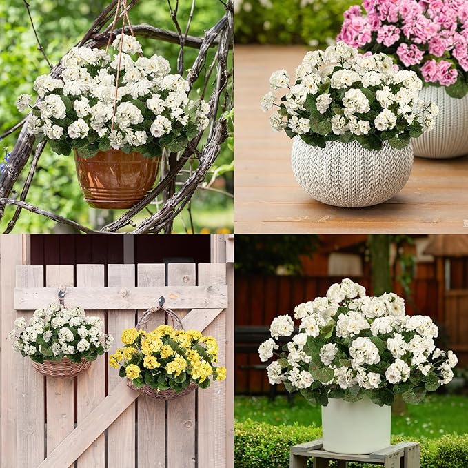 Uqueeten Artificial Flowers for Outdoors Artificial Geranium,Fake Flower White Geranium Artificial Plant Home Decor,Silk Geraniums Realistic Outdoor Flower Fake Plant Decoration 14.4" (White) 8PCS