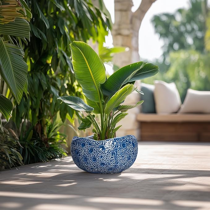 Thirtypot Bonsai Tree Pot - 13 Inch Large Ceramic Pots for Plants Indoor Outdoor, Round Planter, Decorative Flower Pot with Drainage Hole, Modern Unique Planter, Garden Decor Home, Garden Gifts, Blue