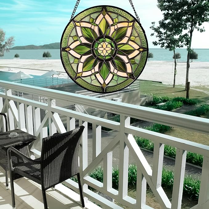 HWRHTR Stained Glass Window Hanging - White Green Boho Flower Suncatcher for Doors Window Home Sun Catchers Decor Christmas Mother's Day Birthday Gifts for Teacher Women Men Mom Nana 7.8 in
