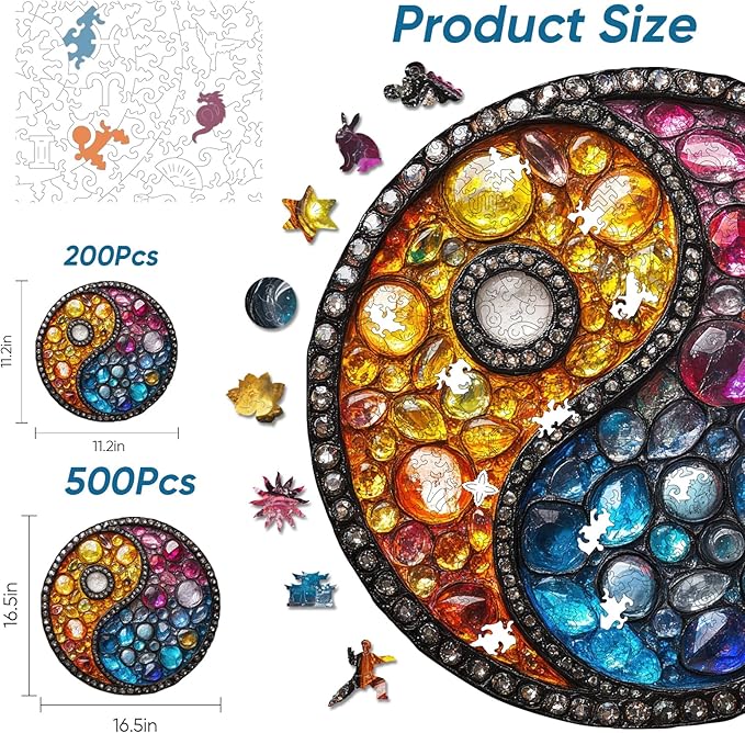 Delobil Puzzles for Adults 200 Pieces, 5MM Thick Colorful Crystal Yin-yang Wooden Puzzles, Gemstones Jigsaw Puzzles for Adults and Kids, Family Game Gift 11.2 * 11.2Inch