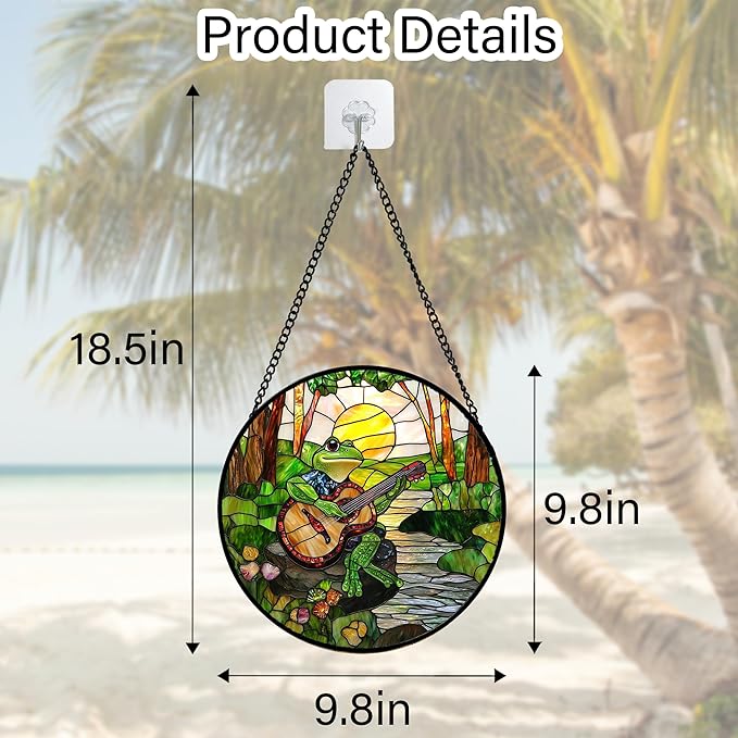 DASTOLL Stained Glass Window Hanging, Frog Playing Guitar Suncatcher Diamond Glass Panel Funny Sun Catchers Decor for Birthday for Women, Men, Wife, Aunt, and Mom 9.8 in