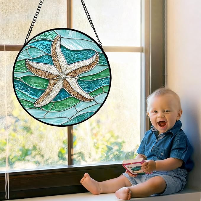 DASTOLL Stained Glass Window Hanging Teal Sea Waves Starfish Large 15" - Suncatcher Door Garden Sun Catcher Home Decor Birthday Mother's Day for Mom Men Woman Parents Her Child Nana
