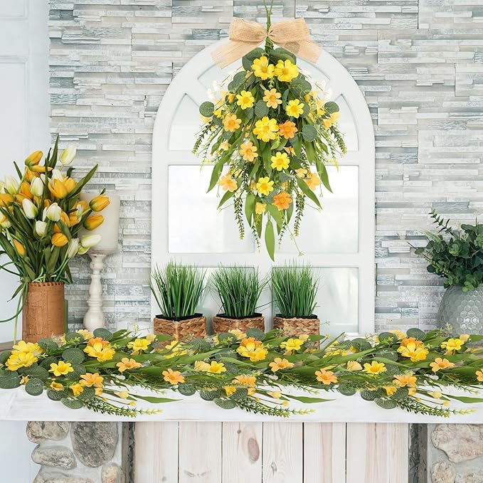 2 Pcs 24" Artificial Summer Flower Teardrop Swag for Front Door Spring Wreath Yellow Wild Daisy Swags Wreaths Floral Hanging Wreaths for Kitchen Cabinet Window Wall Wedding Party Home Decor