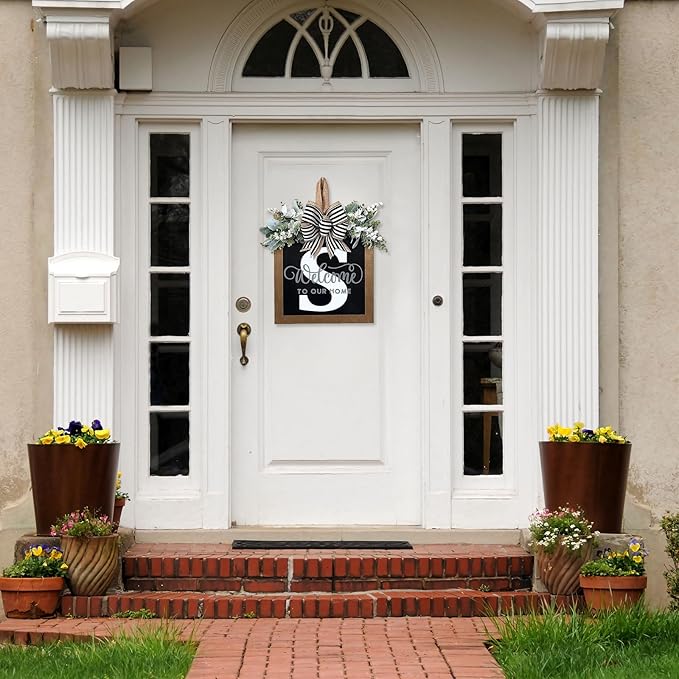 Ultra Large 14'' Last Name All Year Round Front Door Wreath with 26 Initial Letter Welcome Sign All Seasons Eucalyptus Garland and Bow Wreaths for Front Door Porch Farmhouse Decoration (S)