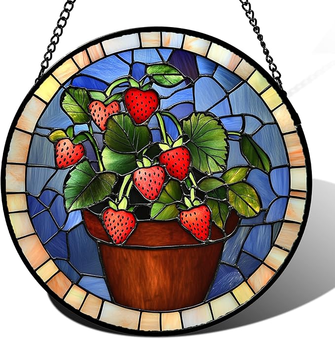 Stained Glass Window Hanging Red Strawberry Potted Plants Large 15" - Suncatcher Door Garden Sun Catcher Fall Home Decor Birthday Christmas for Mom Men Woman Nana Friend