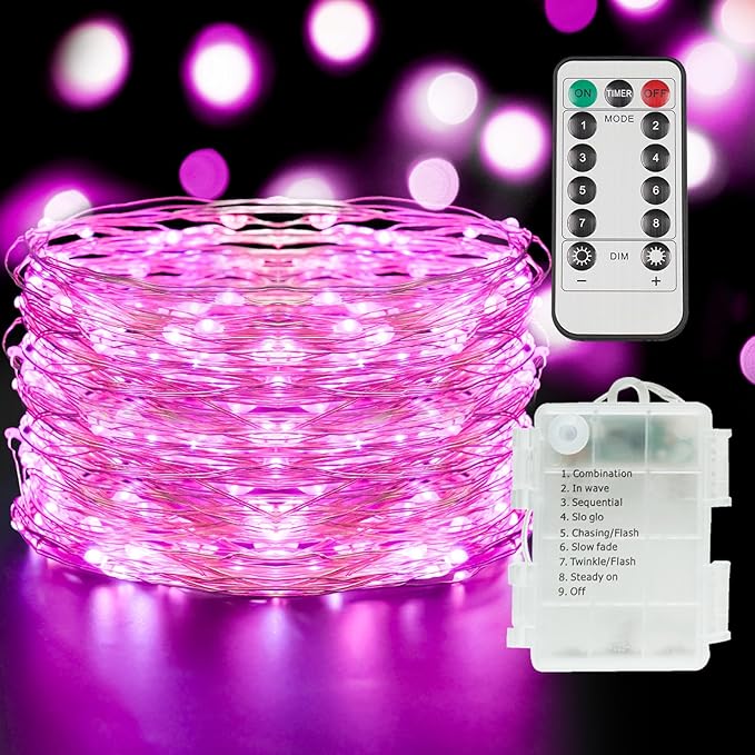 suddus Pink Valentine Day Fairy Lights Battery Operated, 66ft 200 LED String Lights with Remote & Timer, Waterproof Twinkle Lights for Bedroom, Romantic Wedding, Party, Indoor & Outdoor Decor