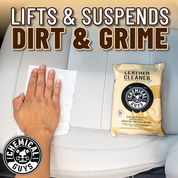 Chemical Guys Leather Cleaner Wipes Mega - Interior Leather Wipes for Cars,Natural,Synthetic,Faux & Pleather Surfaces,Safe for Cars,Trucks,Furniture,Boots & More,Convenient,50 Count (Pack of 6)