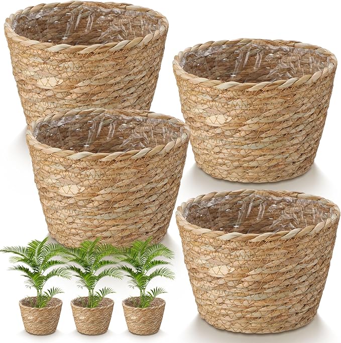4 Pcs Straw Plant Baskets Indoor Rattan Woven Flower Baskets with Plastic Liner, Cattail Plant Planter for Indoor Outdoor Rustic Boho Home Farmhouse Floor Potted Pots Decor