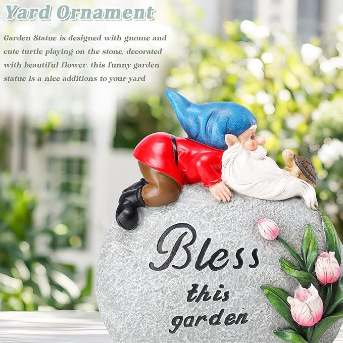 Ovewios Garden Stones Statues Outdoor Decor, Novelty Gnome Garden Sculptures Stones Statue with Flower and Turtle Figurine Decoration for Patio Yard Porch Art Home Decor
