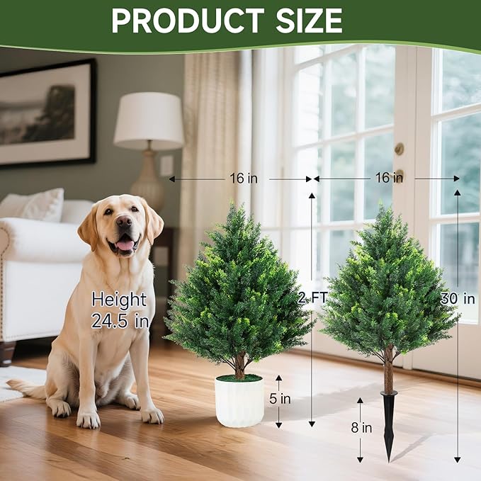 Gladeup 2FT Artificial Cedar Topiary Trees Set of 2 Detachable Planter & Spike,UV Resistant Faux Plants Outdoor and Indoor,Realistic Fake Bushes Pine Tree for Front Porch Decor Patio Offices Green