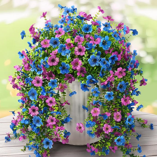 Artificial Hanging Flowers Plants for Outdoor Spring Summer Decoration, 2PCS Faux Silk Daisy UV Resistant Look Real for Outside Home Indoor Planter Porch Garden Yard Decor(Purple Blue)