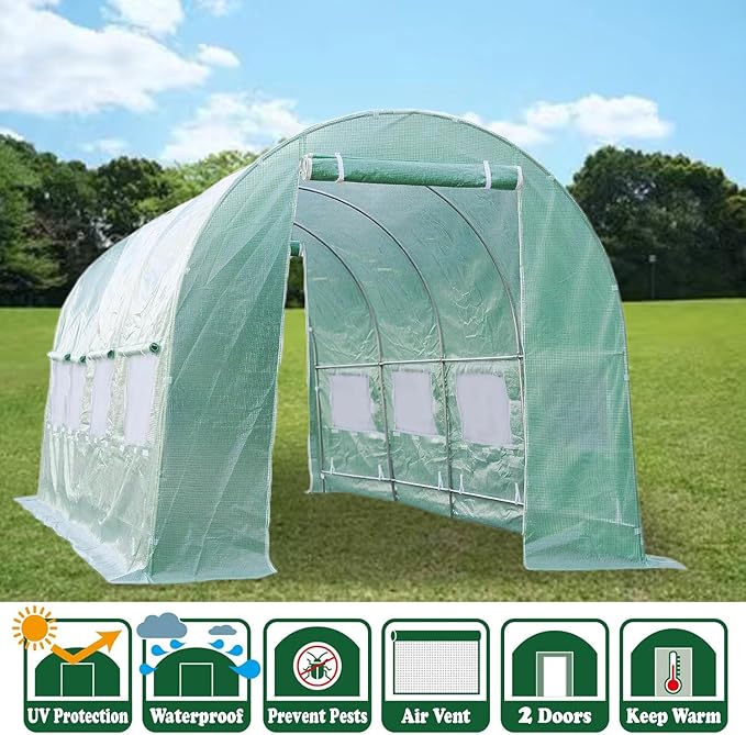 Replacement Cover for Portable Greenhouse, Large Walk-in Green Hot Garden House Top Tarp 2 Zippered Doors 8 Roll-up Windows (Frame Does NOT Included) (20 x 10 x 7 ft)
