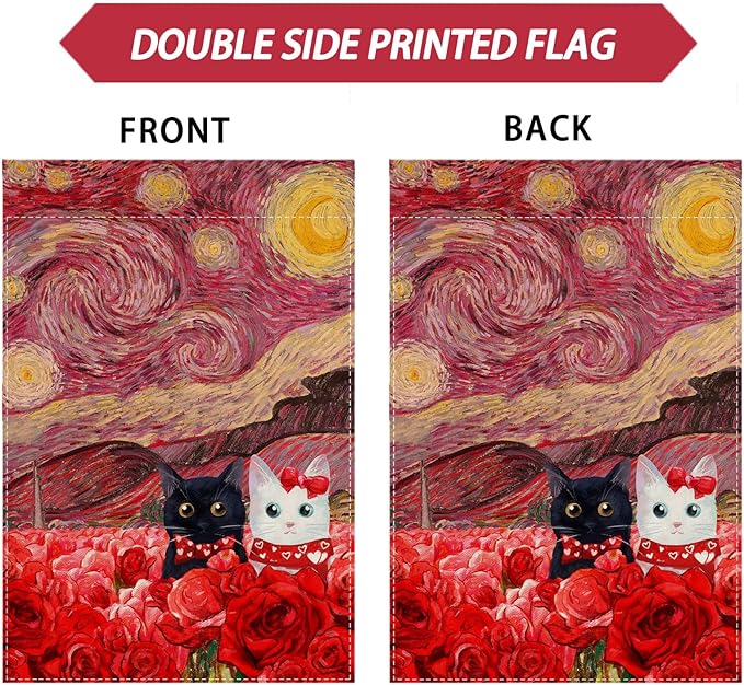 Valentine’s Day Starry Sky Inspired Couple Cats Romantic Rose House Flag large 28X40 Inch Big Vertical Double Sided Yard Outdoor Outside Holiday Decoration