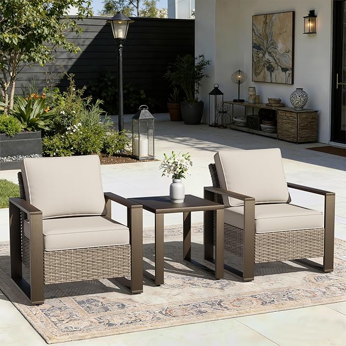 Joyside Outdoor Patio Chairs, 3 Pieces Wicker Rattan Furniture Set, 2 Patio Chairs and 1 Table, Metal Wide Armrest, Thick Cushions and Deep Seating for Garden, Backyard, Porch, Deck