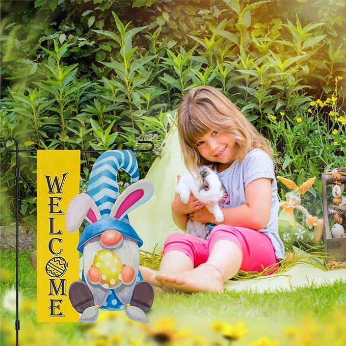 Welcome Easter Gnome Garden Flag, Gnome with Bunny Ears Eggs Blue Yard Outside Decorations, Outdoor Small Vertical Decorative Blackout Flags Double Sided 12 x 18