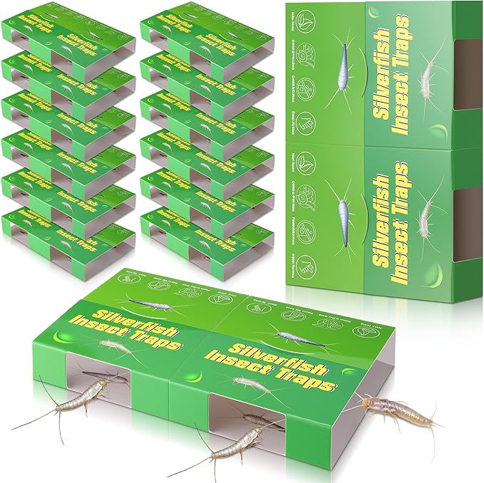 24 Traps Silverfish Trap, 12 Sheets Silverfish Killer Indoor, Non-Toxic Insect Trap with Dual-Color & Pattern Lure for Crawling Insect, Safe for Kids & Pet,Use as 24 Small or 12 Large Detachable Traps