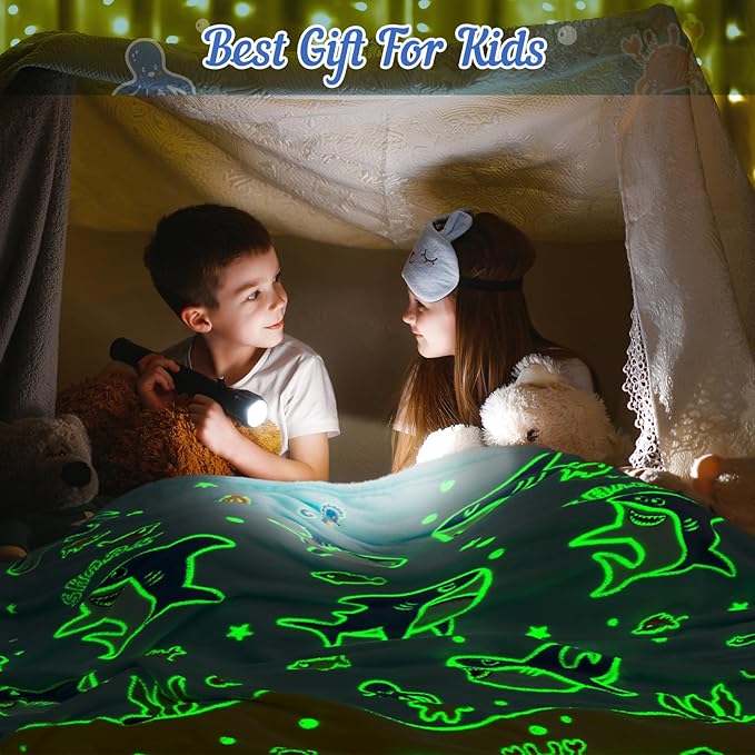 Shark Gifts for Boys Girls - Glow in The Dark Sharks Blanket Christmas Stocking Stuffers for Grandkids Teen Boys Kids 2-14 Years Old Children Toddler Birthday Presents Soft Throw 50"x60"