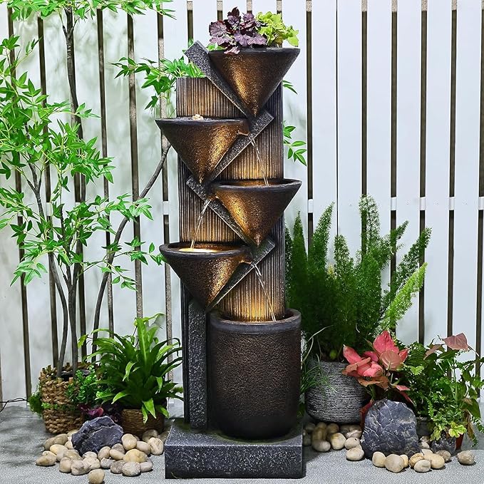 49.6" Tall Outdoor Water Fountain 5-Tier Garden Watefall Fountains Floor Standing Water Fountains with LED Lights&Pump for Garden, Living Room, Patio with Natural Stone