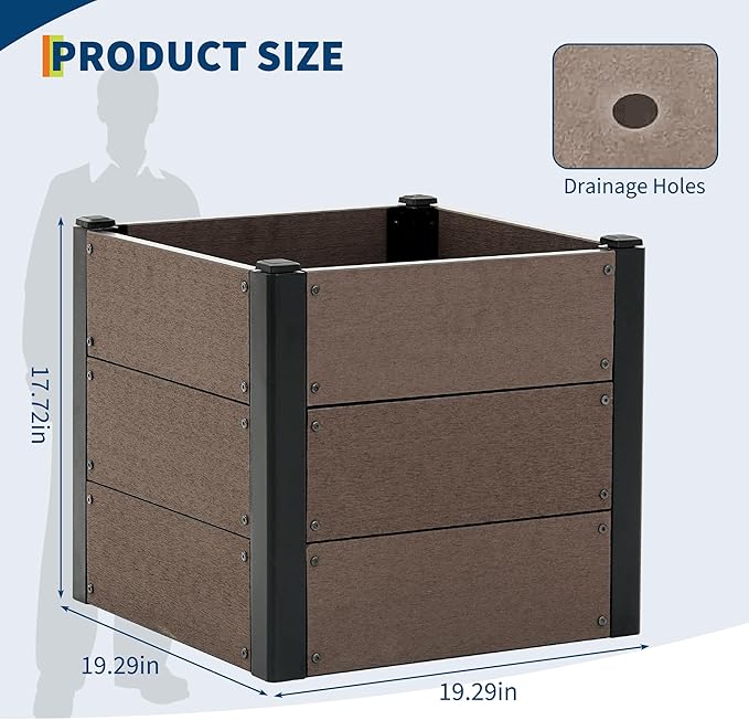 GarveeLife 19" x 19"x 17" Wood Look Raised Garden Bed with Bottom, Outdoor Planter Box for Vegetables & Herbs, Durable Composite Deep Root Bed for Vegetables, Flowers in Backyard, Patio