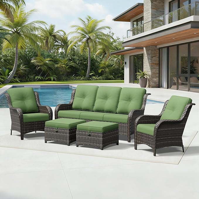 Joyside 5 Piece Wicker Patio Furniture Set, Rattan Patio Chairs with High Back, Deep Seating, Wide Armrest, Thickened Cushions, Outdoor Furniture for Deck, Porch Use