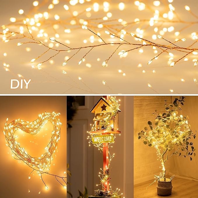 Minetom Fairy Lights Plug in, 10Feet 200 Led Cluster Lights Waterproof Starry String Lights for Ceiling Bedroom Wreath Window Wedding Christmas Tree Ramadan Decorations, Warm White