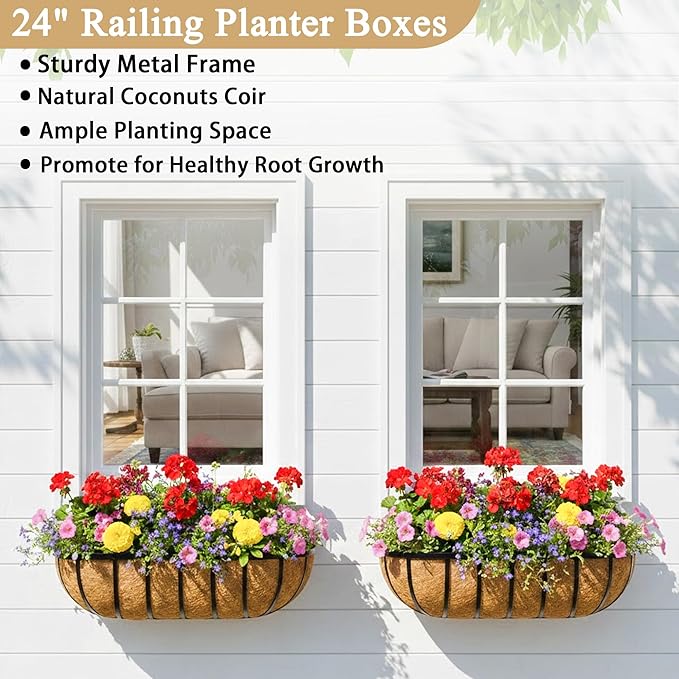 Window Box Railing Planter with Coco Liner 4 Pack 24 Inch Metal Hanging Flower Planter Deck Railing Planters Boxes for Balcony Outdoor Plants Fence Porch Patio