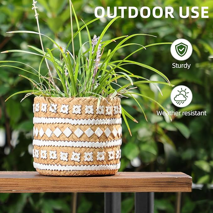 vomiceak Concrete Rattan-Style Plant Basket Planter, 5.3" Plant Pots Indoor Outdoor with Drainage Hole, Boho Flower Pot for Succulents, Herbs, Modern Farmhouse Decor, Ideal Gift for Plant Lovers