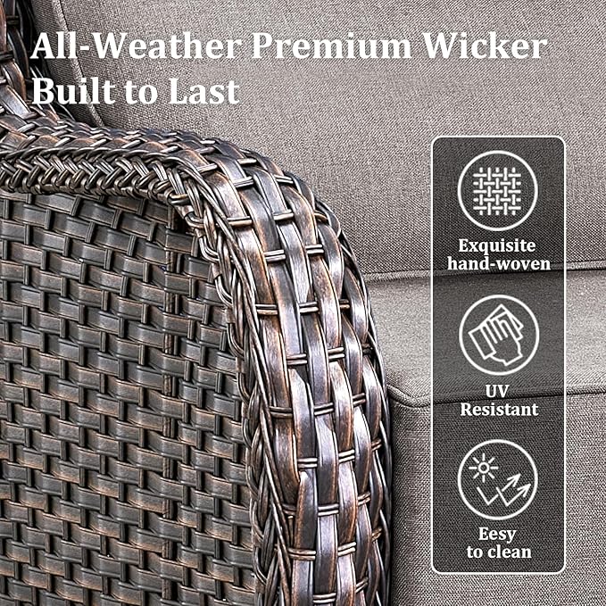 Luxury High Back Patio Furniture Set with 6-Inch Thick Cushions, 4-Pieces Outdoor Furniture with Swivel Chairs, Wicker Conversation Set for Porch, Balcony, Deck and Yard, Brown/Grey