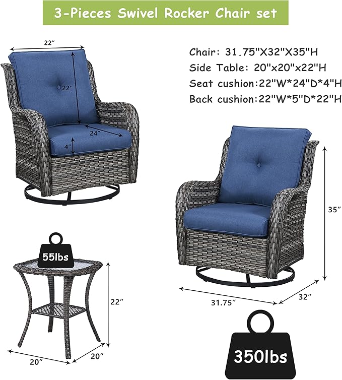 Rilyson Wicker Rocking Chair Swivel Chairs - 3 Piece Rocker Patio Furniture Set Rattan Rocking Bistro Sets with Glass Top Side Table for Outdoor Porch Deck Garden Backyard (Mixed Grey/Blue)