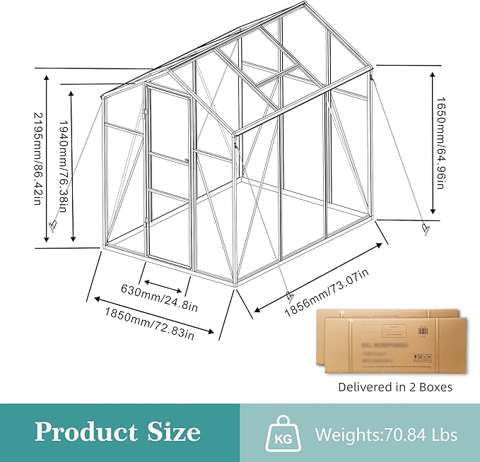 6x6 FT Greenhouse,Outdoor Greenhouse W/ Roof Vent,Walk-in Aluminum Polycarbonate Green House W/ Drainage System & Ground Nails,Green Houses for Outside Garden,Backyard,Patio,Lawn,Black