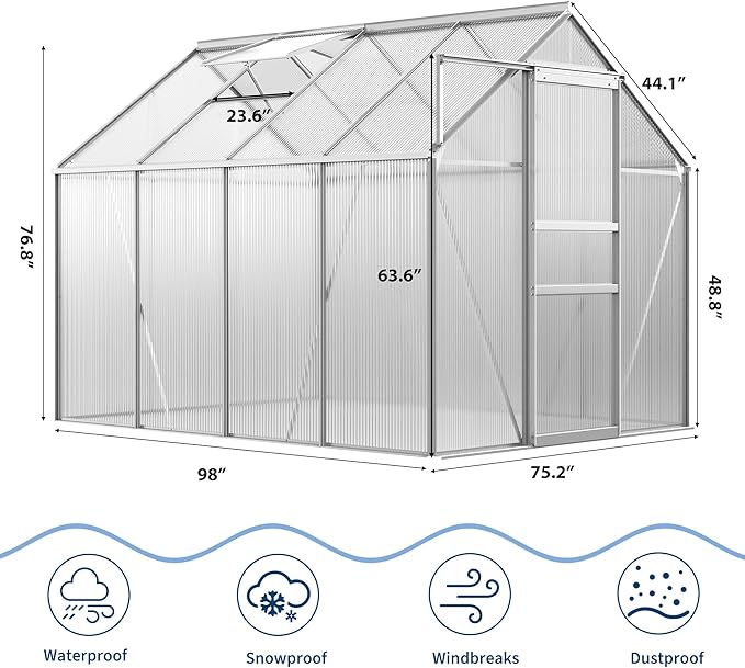 GarveeHome 6 x 8 FT Polycarbonate Greenhouse, Winter Greenhouses for Outdoors with Aluminum Frame, Sliding Door, Adjustable Roof Vent, Backyard Green Houses, Patio Garden, Silver