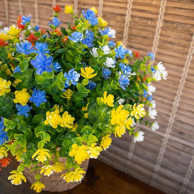 BCBLF Artificial Flowers Outdoors, 12 Bundles Fake Flowers UV-Anti for Decoration Faux Plastic Plants Garden Porch Window Box Décor,YellowBlueWhiteOrange