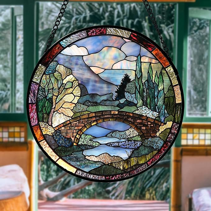 AMDERVEN Stained Glass Window Hanging, Blue Landscape Arch Bridge Sun Catcher for Door Home Decor Suncatcher Christmas Mother's Day Birthday Gifts for Women Men Mom and Nana 9.8 in