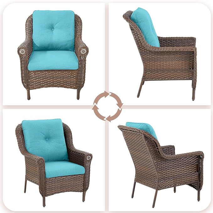 Patio Wicker Chairs Outdoor Furniture Chair - Set of 2 Outside All Weather Lawn Dining Brown Rattan Armchair with High Back&Deep Seating for Deck Porch Balcony Backyard Garden - Turquoise
