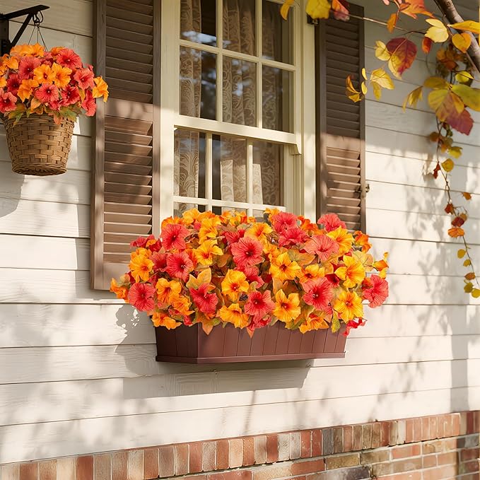 Ammyoo 8 Pcs Fake Fall Flowers Artificial Petunias for Outdoor Decorations, Faux Fall Flowers for Outside UV Resistant Realistic Plants for Garden Porch Patio Indoor Autumn Decor(Orange Yellow)