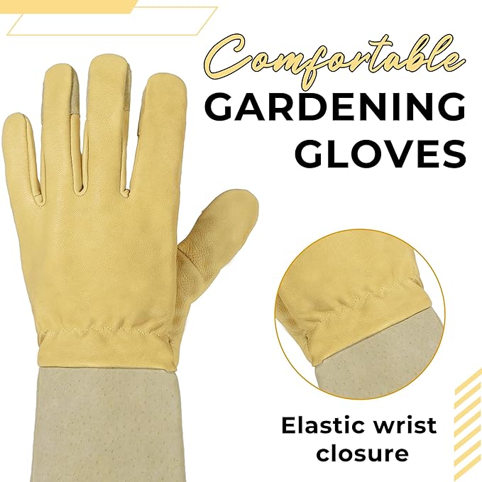 HANDLANDY Rose Pruning Gardening Gloves for Men Women, Thorn Proof Forearm Protection Leather Garden Gloves, Gardening Gifts for Gardeners (Beige- goatskin, Small (Pack of 1))
