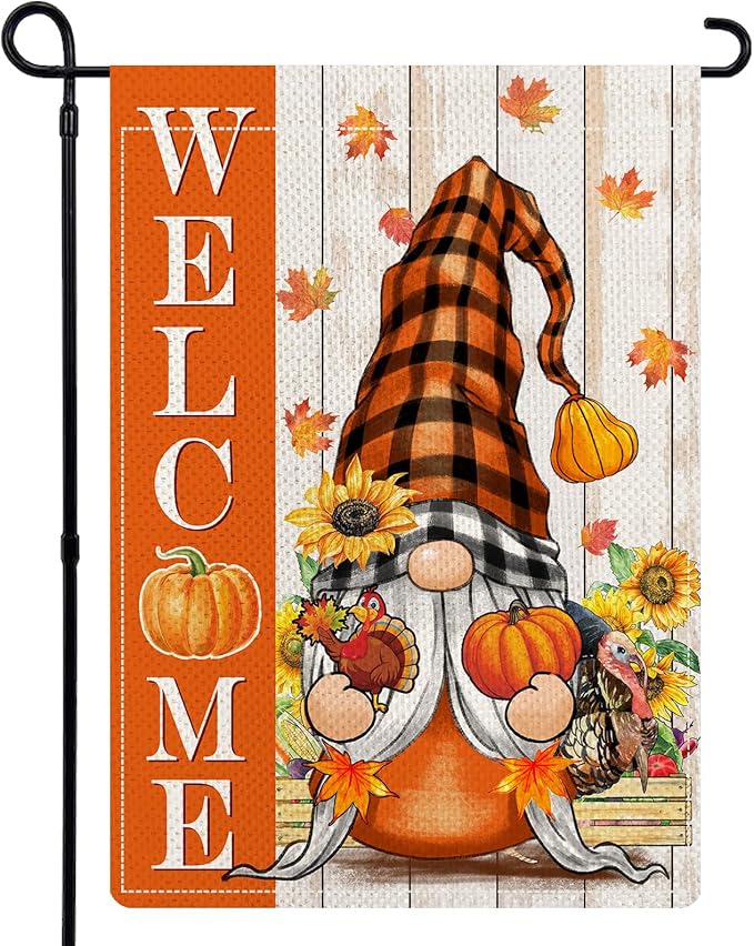 Thanksgiving Day Gnome Garden Flags for Outside, Welcome Fall Garden Flags 12x18 Double Sided, Rustic Pumpkin Sunflower Turkey Holiday Lawn Flags, Fall Gnomes Decorations for Yard Farmhouse
